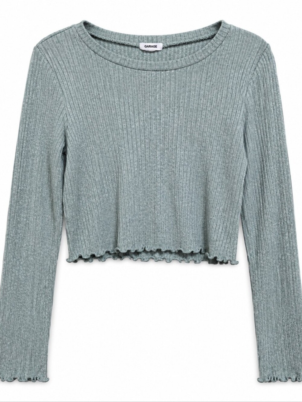 Garage Women’s M Green Ribbed Cropped Sweater Lettuce Hem Long Sleeve